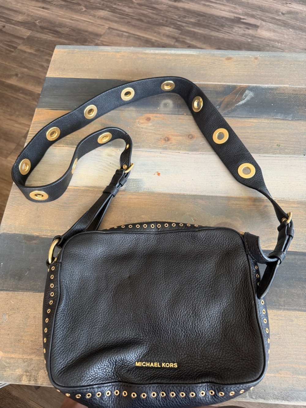 Michael Kors Black Leather Crossbody with Gold Eyelet Strap